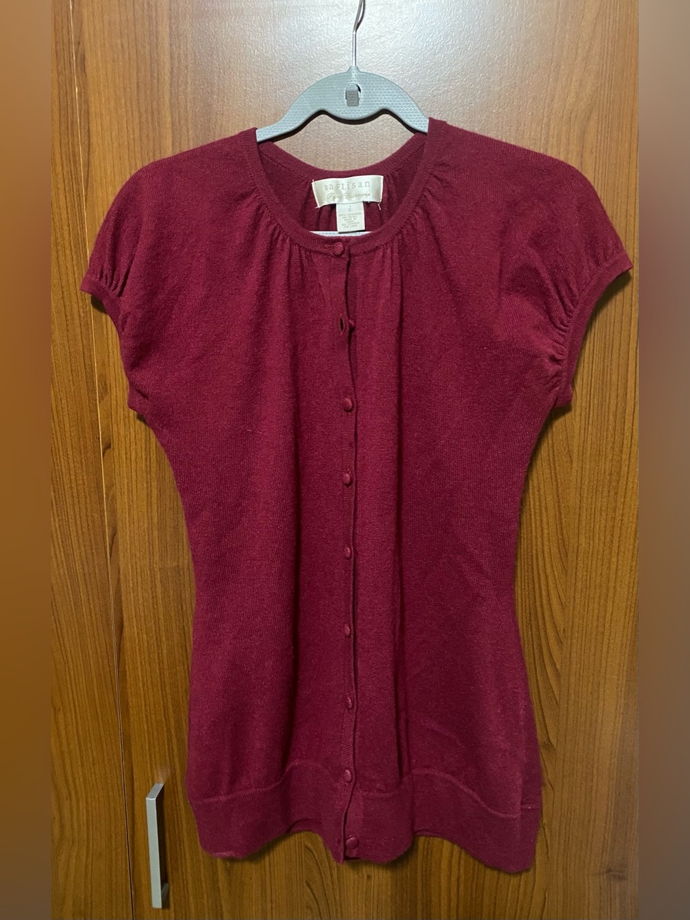 Artisan Pure Cashmere Short-Sleeve Button-Front Top in Burgundy Size Small